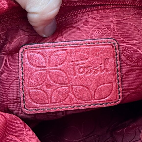 Coral Red Pink Salmon Leather Fossil Crossbody Purse - Picture 9 of 12